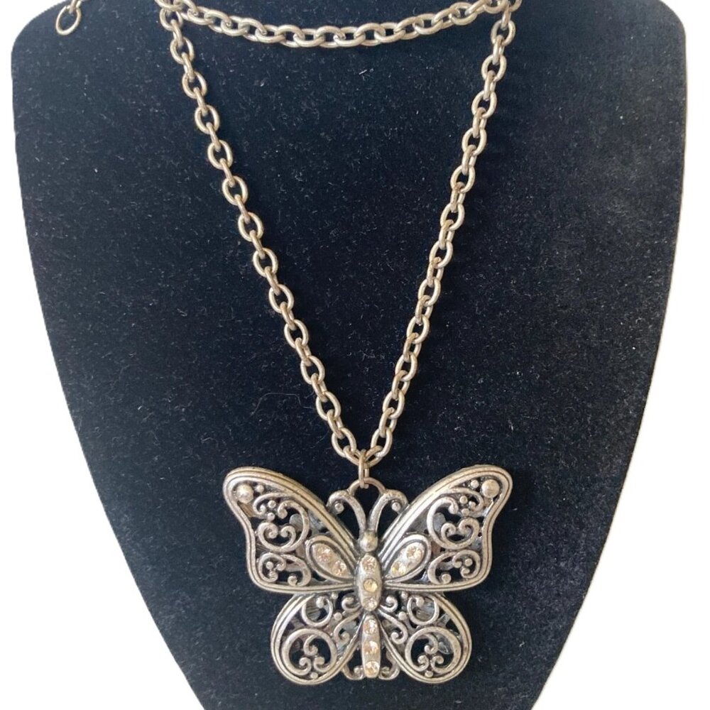 Opera Necklace Silver Tone Chain Butterfly Pendant 28 in